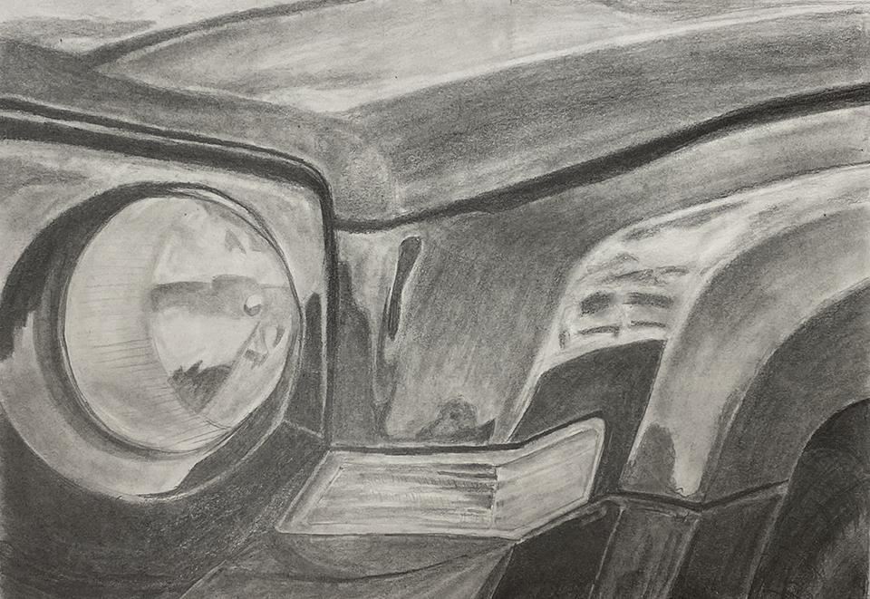 Graphite Drawing of a car's headlight